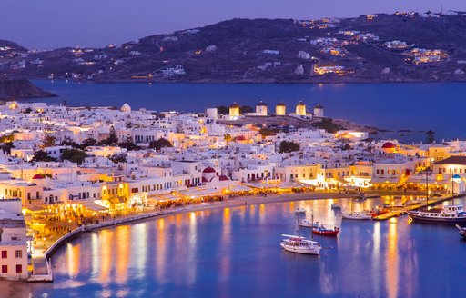 Glowing Mykonos marina at night